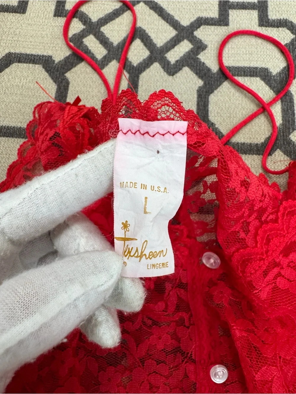 Texsheen Vintage 70s 80s Red Lace Lingerie 2 Piece Set Sheer Cami Shorts Sz L